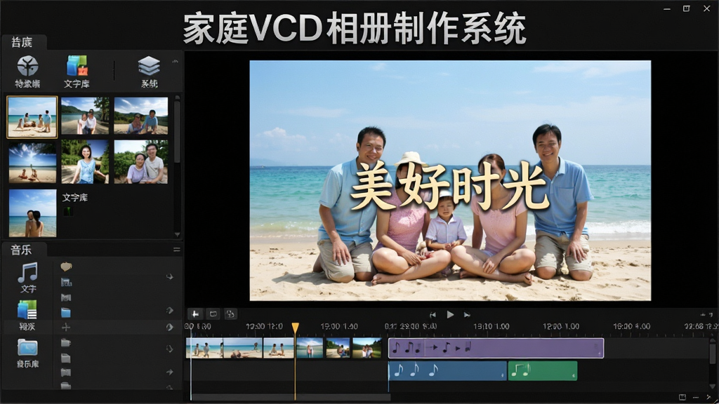 展示家庭VCD相册制作系统编辑界面的图片,中间大屏幕预览着一组海边旅游照片,照片上有“美好时光”字幕特效,时间轴位于编辑区底部,显示照片和音乐轨道,左侧有特效库、文字库、音乐库等面板,界面采用深色主题,各功能图标清晰,突出“家庭VCD相册制作系统”软件名称,画质高清,无杂乱元素。