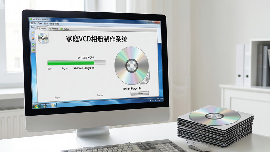 一张展示在电脑上操作家庭VCD相册制作系统的场景图片,电脑屏幕中显示软件刻录界面,进度条正在写入光盘,旁边有一叠打印好的光盘封面,环境明亮整洁,突出软件名称“家庭VCD相册制作系统”,画面写实,画质清晰,无多余元素。