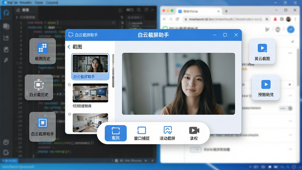 主体:白云截屏助手软件主界面悬浮在电脑屏幕中央,周围有半透明功能按钮环绕。布局:界面左侧显示截图历史缩略图,右侧为预览大图,底部工具栏排列矩形截图、窗口捕捉、滚动截屏与录屏图标。排版:功能图标以图标+文字标签方式横向排列,整体采用居中对称布局。风格:现代扁平化设计,蓝白主色调,圆角卡片元素,柔和阴影。细节:屏幕背景有模糊的代码编辑器与浏览器窗口,突出多任务场景,界面上的文字清晰标注“白云截屏助手”字样。画质:4K高清,干净整洁,无多余元素。