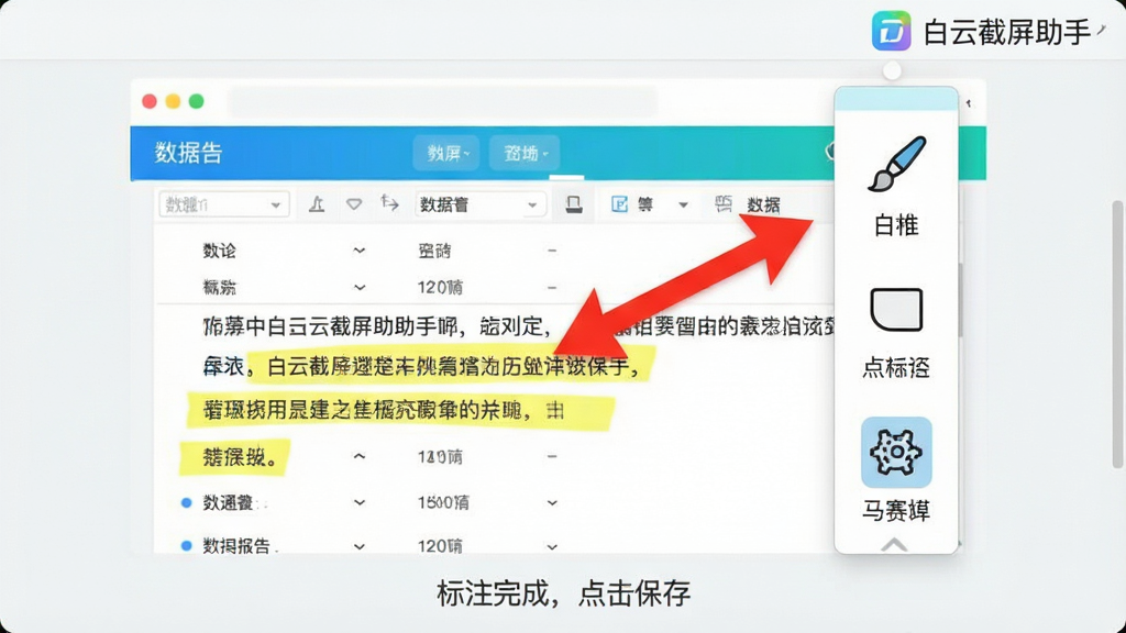 主体:白云截屏助手的标注工具栏展开在截图编辑界面,正在用红色箭头指向一段文字。布局:截图内容为数据报表,右侧悬浮竖排标注工具条,包含画笔、形状、马赛克按钮。排版:工具条图标下方有中文标签,截图底部显示“标注完成,点击保存”提示。风格:界面清爽,图标线性风格,色彩明亮。细节:红色箭头高亮,部分文字被黄色荧光笔覆盖,右上角有软件名称“白云截屏助手”Logo。画质:细腻清晰,无多余UI元素。