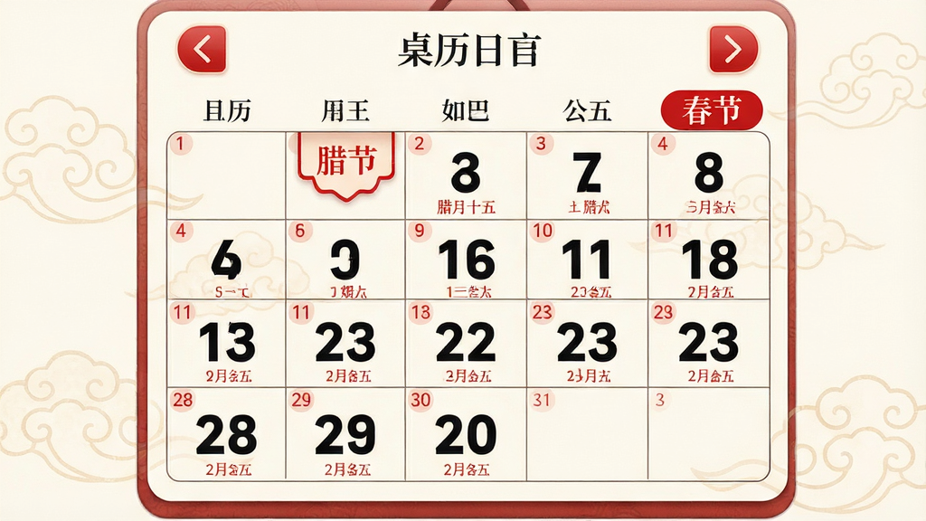 主体:棒棒桌面日历的农历显示界面,日历格内红色小字标注“腊月十五”,旁边有“春节”红色标签。布局:主日历居中,顶部有月份切换箭头。排版:公历日期大号黑色,农历小号红色。风格:中国风简约。细节:节日标签为红色圆角矩形,背景有淡雅祥云图案。画质:高清,干净,无多余元素。