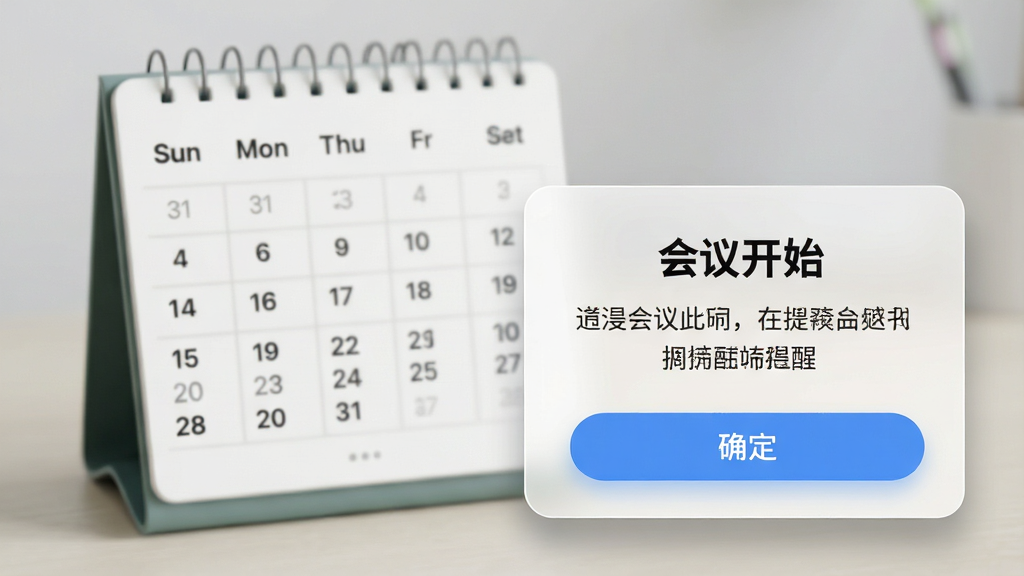 主体:棒棒桌面日历的提醒弹窗界面,弹出在屏幕右下角,显示“会议开始”字样和“确定”按钮。布局:弹窗居中偏右,背景为半透明白色毛玻璃。排版:标题加粗,下方两行文字说明。风格:拟物化设计。细节:弹窗边缘有柔和阴影,按钮为蓝色圆角矩形。画质:高清,干净,无多余元素。