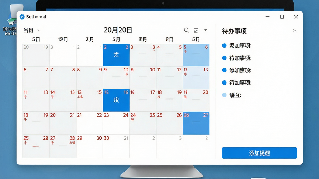 主体:棒棒桌面日历软件主界面悬浮在电脑桌面右上角,显示当前月份日历格。布局:左侧为日历主体,右侧为待办事项列表,底部有“添加提醒”按钮。排版:界面扁平化设计,白色背景搭配蓝色高亮日期,字体清晰。风格:简约商务风。细节:日历格中标注红色农历小字,待办项前有蓝色圆点图标。画质:高清,干净,无多余元素。