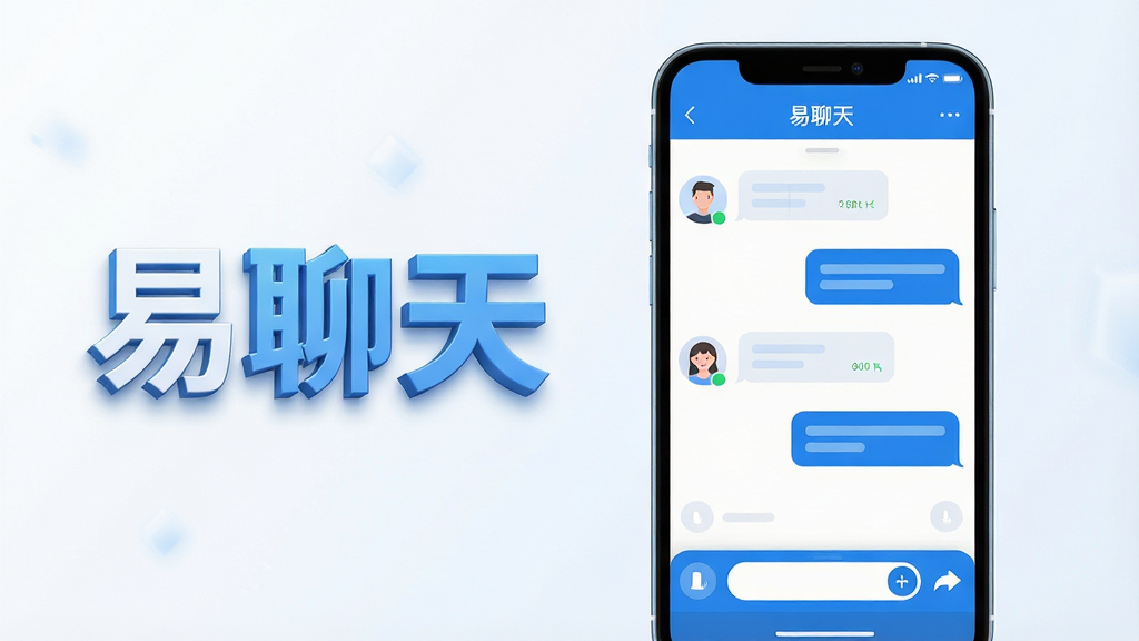 主体:一部正在运行易聊天软件的智能手机,屏幕清晰显示着简洁的聊天界面。布局:手机位于画面中央偏右,左侧留白配有“易聊天”三个立体字。排版:手机屏幕内展示对话框、联系人头像和底部功能栏。风格:现代科技感结合扁平化设计,色彩以清爽的蓝色和白色为主。细节:屏幕上有模拟的对话气泡,顶部显示“易聊天”字样,整体光线明亮柔和。画质:8K超高清,细节丰富,干净,无多余元素。