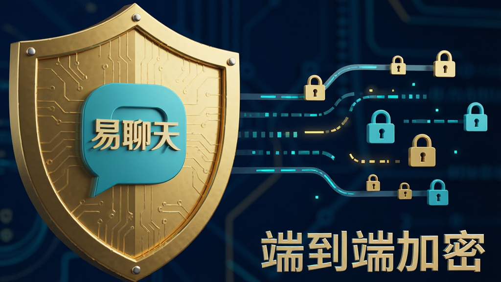 主体:一个巨大的金色盾牌图标,盾牌中央有“易聊天”的Logo。布局:盾牌占据画面左侧,右侧是几条抽象的、被锁定的数据流线条。排版:画面下方有“端到端加密”字样。风格:严肃、安全、科技感,使用深蓝色背景与金色、青色点缀。细节:盾牌表面有细微的电路纹理,数据流线条上带有小锁头图标。画质:超高清渲染,光影效果真实,干净,无多余元素。