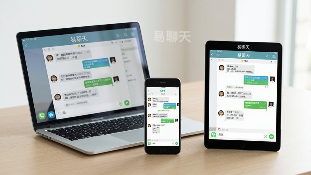 主体:一台笔记本电脑、一部智能手机和一台平板电脑并排放在一张浅木色桌面上,三块屏幕均显示着易聊天的同一聊天界面。布局:三台设备呈扇形排列,屏幕朝向观众。排版:每块屏幕上方都有微弱的“易聊天”字样反光。风格:简洁、商务、生活化,室内光线自然明亮。细节:屏幕上的对话内容各不相同但布局一致,桌面整洁。画质:高清摄影质感,景深效果自然,干净,无多余元素。