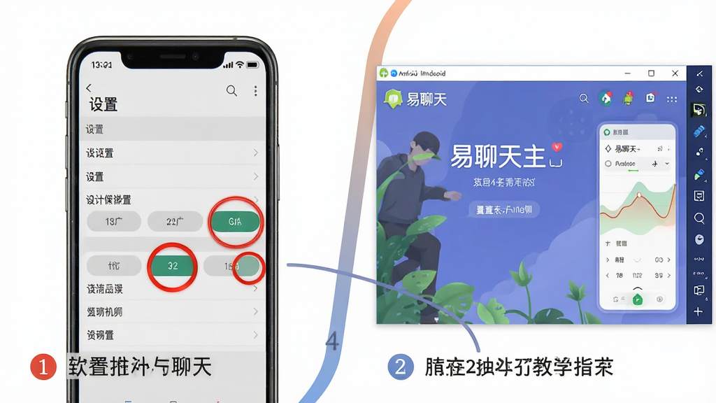 主体:一张分屏图片,左侧是手机易聊天设置页面的截图,右侧是电脑上运行安卓模拟器的画面。布局:左右二分构图,中间用一道柔和的渐变线分隔。排版:左侧屏幕显示“设置”菜单,右侧模拟器窗口显示易聊天主界面。风格:教学指导风格,画面清晰,标注有数字序号步骤说明。细节:关键按钮位置有红色圆圈高亮标注。画质:高分辨率截屏合成,干净,无多余元素。