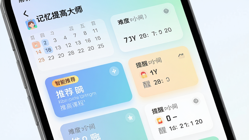 主体为手机全屏展示“记忆提高大师”的个性化课程表界面,课程卡片按难度梯度排列。布局采用纵向列表排版,当前推荐课程高亮显示并带有“智能推荐”标签。风格为清爽的浅色渐变背景UI设计,细节包含日历标记与提醒时间点。画质干净通透,无多余元素,突出界面交互的流畅感。