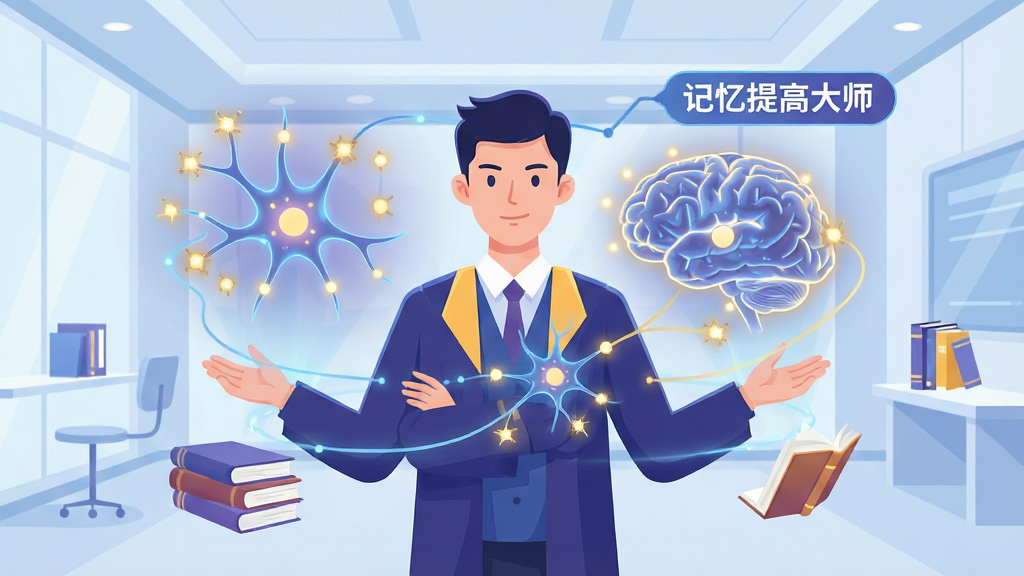 画面主体为一位自信的年轻学者,站在明亮现代的智慧空间中央,周围环绕着发光的脑神经网络全息投影。布局采用居中对称构图,学者形象突出,背景环境干净通透。排版上,脑神经连接线条与漂浮的“记忆提高大师”文字标签形成视觉引导线。整体风格为科技感与教育感融合的扁平插画风,细节包含神经元突触闪光与书本元素。画质高清干净,无多余元素,色彩以蓝紫色与暖黄色为主。