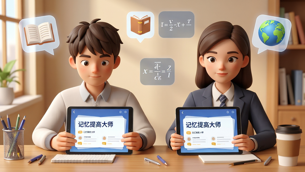 画面主体为一位学生与一位职场白领并肩坐在书桌前,面前的平板上打开着“记忆提高大师”的单词速记界面。布局采用开放式双人构图,前景为专注的人物,背景为虚拟的知识图标,如书本、公式、地球。排版模拟应用内学习卡片的样式,风格为温馨写实的3D渲染风,细节包含纸笔与咖啡杯。画质细腻干净,无多余元素,色调温暖自然。