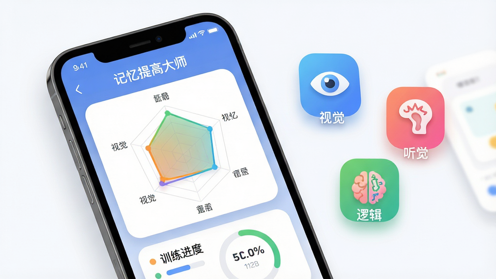 图片主体为手机界面特写,屏幕显示“记忆提高大师”的能力雷达图与训练进度环。布局上手机位于画面中央偏左,右侧悬浮着代表视觉、听觉、逻辑的彩色图标。排版界面简洁清晰,数据可视化图表为主视觉元素。风格为现代扁平UI设计风格,细节包含圆角卡片与柔和投影。画质干净明亮,无多余元素,色彩明快活泼。