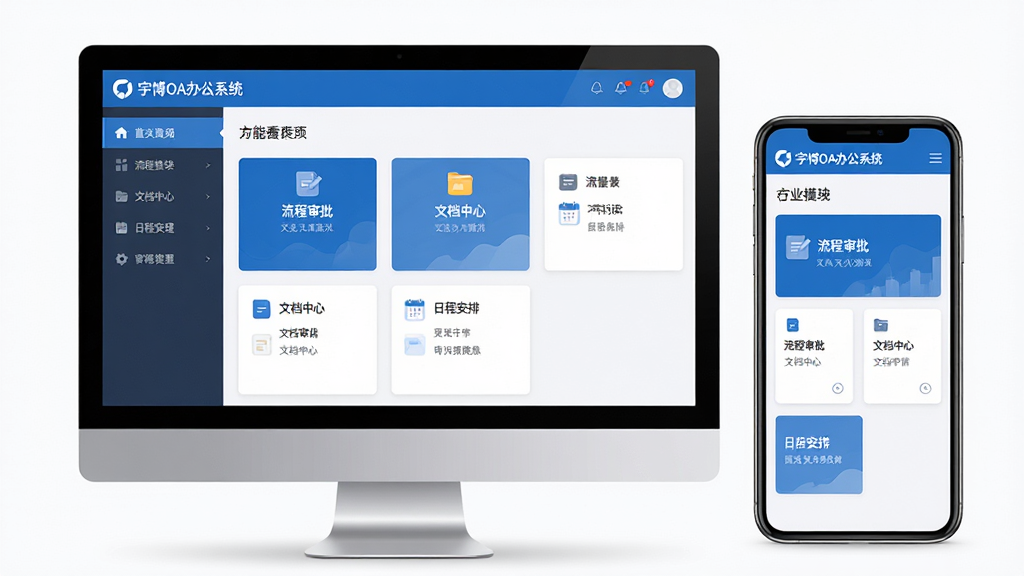 主体:宇博OA办公系统主界面展示在电脑与手机上的效果,界面清晰整洁,左侧菜单栏,右侧内容看板;布局:左密右疏,功能模块分类排列;排版:企业级软件UI风格,卡片式布局;风格:扁平化商务风格,色调以蓝色和白色为主;细节:显示“宇博OA办公系统”Logo及“流程审批”“文档中心”“日程安排”等字样;画质:高清渲染,干净,无多余元素。
