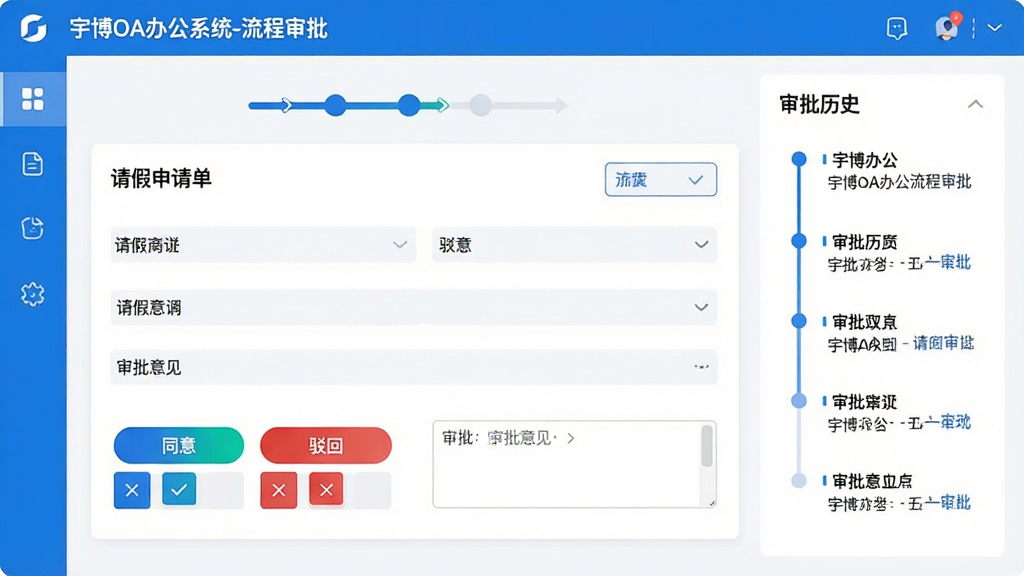 主体:宇博OA办公系统的流程审批界面,一张请假申请单正在流转,带有“同意”“驳回”按钮与审批意见栏;布局:中央大卡片式表单,右侧审批历史时间线;排版:简洁表单布局,按钮醒目;风格:商务清爽,蓝白配色;细节:显示“宇博OA办公系统-流程审批”标题,流程步骤指示器;画质:干净,无多余元素。