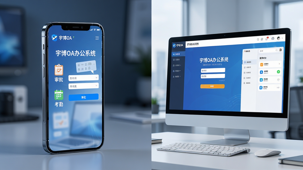 主体:手机与电脑同时显示宇博OA办公系统登录界面与工作台,手机屏幕有“审批”“考勤”图标;布局:左右分屏;排版:科技感,设备立体展示;风格:现代商务;细节:屏幕中显示“宇博OA办公系统”字样,界面清晰;画质:高清,干净整洁。