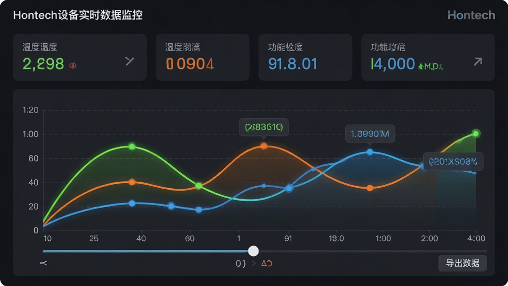 主体:Hontech设备实时数据监控面板,显示温度、湿度、功耗三条彩色曲线。布局:上方为实时数值卡片,下方为图表区域,时间轴可拖动。排版:卡片式布局,图表坐标轴清晰。风格:深色科技风格,曲线使用霓虹绿、橙、蓝三色,背景为深灰。细节:曲线平滑,带有数据点提示,右上角有“Hontech”水印,图表底部有“导出数据”按钮。画质:高分辨率,干净无多余元素。