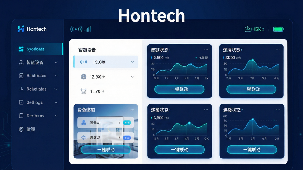 主体:Hontech软件主界面,展示智能设备列表与连接状态图表。布局:左侧功能导航栏,右侧大卡片式设备控制面板,顶部显示信号强度与电量图标。排版:清晰的分栏结构,信息层级分明。风格:现代科技感,深蓝色主色调搭配霓虹蓝点缀,界面干净明亮。细节:每个设备卡片带有实时数据曲线,底部有“一键联动”按钮,画面上方悬浮“Hontech”白色文字标识。画质:4K超清,干净无多余元素。