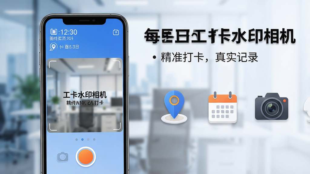 主体:一部智能手机屏幕展示“每日工作打卡水印相机”主界面,界面中央是取景框,底部有醒目的快门按钮,左上角显示实时时间与经纬度水印;布局:手机位于画面中央偏左,右侧留白处配以简洁的图标元素如定位针、日历、相机镜头有序排列;排版:整体排版清爽,信息层级分明,主标题“每日工作打卡水印相机”以黑体大字置于顶部,副标题“精准打卡,真实记录”用小字点缀;风格:扁平化结合轻微拟物光影,现代商务风;细节:水印文字清晰可辨,背景虚化处理突出主体,色彩以蓝白为主,辅以橙色点缀;画质:8K超清,干净无多余元素。
