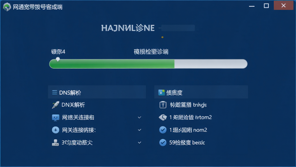 网通宽带拨号客户端的网络诊断界面,屏幕中央显示诊断进度条,下方列出各项检测项目,如DNS解析、网关连接等,整体设计专业,背景为深蓝色,画质细腻,无多余元素