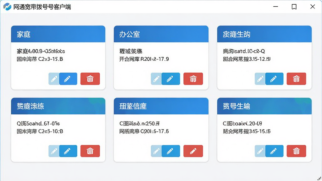 网通宽带拨号客户端的配置管理页面,上方显示多个配置卡片,分别标注家庭、办公室等名称,每个卡片上有编辑和删除按钮,界面布局整齐,风格简约,画质干净,无多余元素
