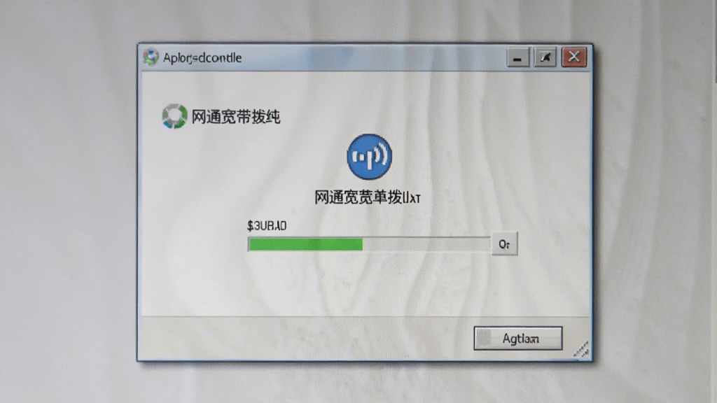 一张电脑屏幕显示网通宽带拨号客户端正在拨号连接的界面,进度条缓慢移动,旁边有网络信号图标,整体色调柔和,画质清晰,无多余元素