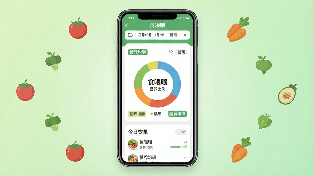 主体:食喂喂软件界面展示,手机屏幕中显示丰富的食材库和营养分析图表,界面设计简洁现代。布局:手机居中,背景采用淡绿色渐变,周围点缀新鲜蔬果图标。排版:界面信息层级分明,顶部为日期选择器,中部为环形营养比例图,底部为今日饮食清单。风格:扁平化设计,色彩清新明快,突显健康生活理念。细节:屏幕中显示“食喂喂”字样及“营养均衡”“膳食指南”等文字标签,画面干净无杂物。画质:高清渲染,细节丰富,画面通透干净。