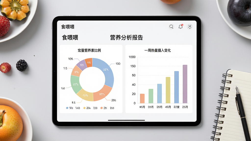 主体:平板电脑展示食喂喂的营养分析报告页面,包含多种彩色图表。布局:平板横屏居中,背景为浅灰色工作台,周围放置水果和笔记本。排版:页面左侧为环形图显示宏量营养素比例,右侧为柱状图展示一周热量摄入变化。风格:商务简约风格,图表配色柔和,文字清晰。细节:屏幕中显示“食喂喂”字样及“营养分析报告”标题,数据刻度可见。画质:高分辨率,细节锐利,桌面整洁干净。
