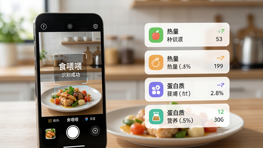 主体:手机摄像头对准餐盘上的食物,屏幕中出现识别框和识别结果。布局:手机位于画面左侧,右侧浮出识别出的食材名称、热量、蛋白质等营养数据卡片。排版:识别结果以列表形式呈现,每个食材配有彩色图标和详细数值。风格:写实与科技感结合,背景为厨房场景,浅景深效果突出手机屏幕。细节:手机屏幕上显示“食喂喂”及“识别成功”字样,食材卡片清晰可辨。画质:高清晰度,光影自然,画面干净无多余元素。