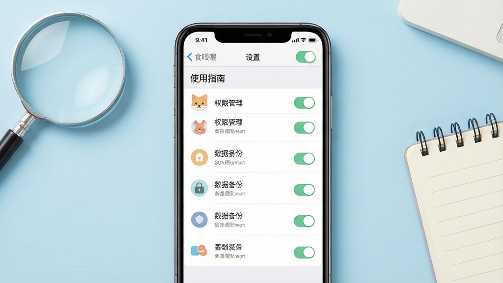 主体:手机屏幕显示食喂喂的“使用指南”设置界面,包含权限管理、数据备份等选项。布局:手机位于画面中央,背景为简洁的浅蓝色桌面,周围有放大镜和记事本元素。排版:界面以列表形式展示各项设置,每行配有图标和开关。风格:扁平化,图标线条简洁,色彩柔和。细节:屏幕顶部显示“食喂喂”和“设置”字样,开关按钮清晰可见。画质:高清,无多余元素,画面干净。