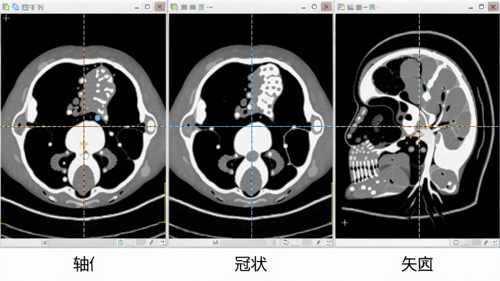 主体为软件界面,三个视窗分别显示轴位、冠状位和矢状位的CT图像,三个视窗有十字线联动。布局为三视窗并排,每个视窗下方标注有方位名称。排版规整,风格专业。细节上,十字线清晰可见,图像显示人体头部结构,画质干净,无多余元素。