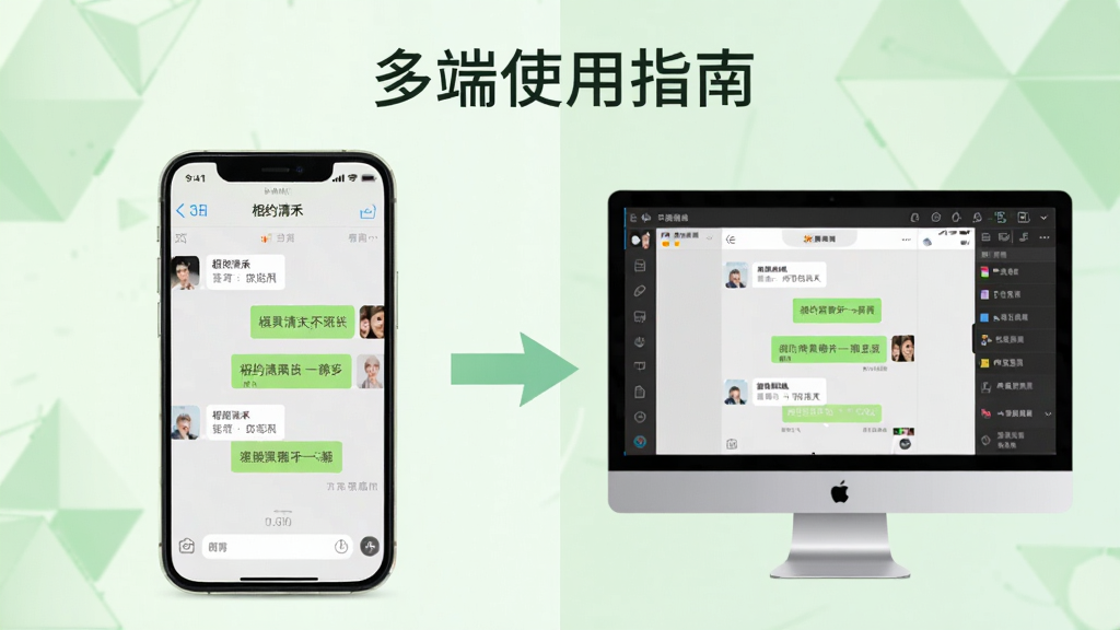 画面分割为左右两部分,左边为手机屏幕显示相约清禾聊天界面,右边为电脑端模拟器运行界面,中间以箭头连接,象征多端同步。背景为浅绿色几何图形,整体风格简洁现代,突出操作指引主题,文字标注“多端使用指南”,画质清晰,构图平衡。