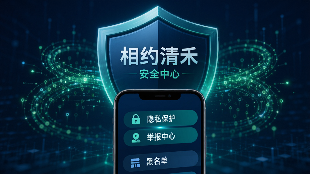 以“相约清禾”安全中心为画面主体,背景为盾牌图标与绿色数据流交织,前景手机屏幕展示“隐私保护”、“举报中心”、“黑名单”等菜单选项。设计风格偏科技感,色彩以深蓝与青绿为主,简洁明了,画质清晰,突出安全可靠的产品调性。