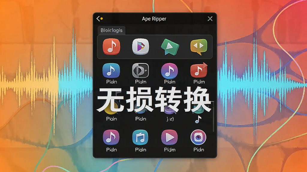 Ape Ripper软件功能展示图,画面中央显示格式转换列表,不同音频格式图标排列整齐,背景为声波图形,色调明亮,文字标注