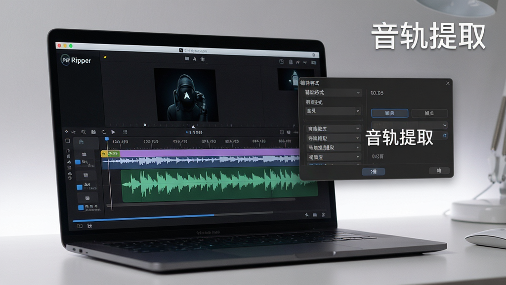 Ape Ripper软件视频提取功能预览,笔记本电脑屏幕显示视频时间轴与音频波形,旁边悬浮着输出格式选择框,环境光柔和,文字标签