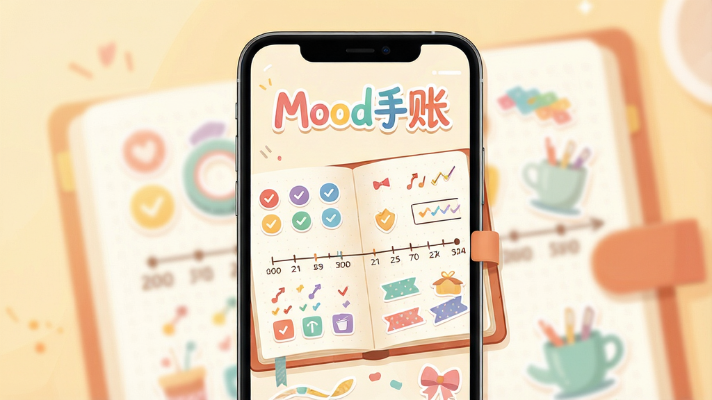 一张展示Mood手账应用核心界面的预览图,图片中央是一部智能手机,屏幕内清晰显示着一本打开的精美手账本,页面顶部有“Mood手账”的彩色艺术字标题,页面中分布着心情打卡的圆形图标、日期时间轴以及多彩的贴纸元素,整体画面明亮温暖,采用扁平化与轻微拟物相结合的插画风格,排版干净舒适,细节丰富,画质高清,干净无多余元素。