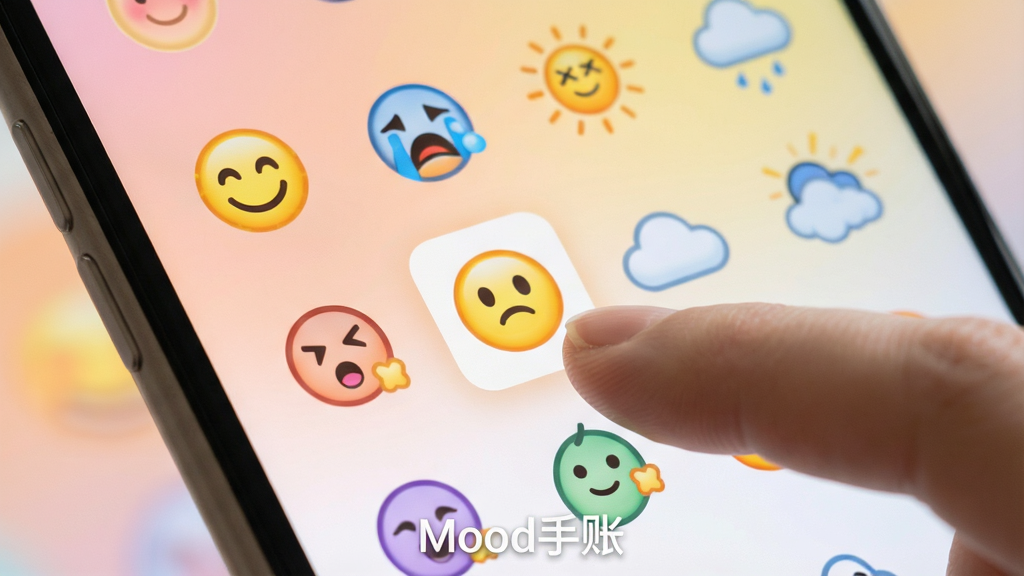 一张Mood手账应用功能特写图,画面聚焦于手机屏幕上的心情打卡界面,屏幕上排列着多个表情生动、色彩各异的心情图标,如笑脸、哭脸、太阳、云朵等,其中一个图标被手指选中并高亮显示,背景是柔和模糊的渐变色,营造出温馨氛围,界面底部有“Mood手账”的logo水印,整体风格简洁明快,排版有序,画质细腻柔和,干净无多余元素。