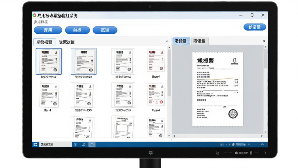 画面主体为“易用报表票据套打系统”的电脑软件主界面,显示在液晶显示器上,界面清晰展示票据模板列表和预览区域,布局整洁,排版有序,风格为现代化商务软件UI设计,细节包含蓝色高亮按钮和票据缩略图,画质高清干净,无多余元素