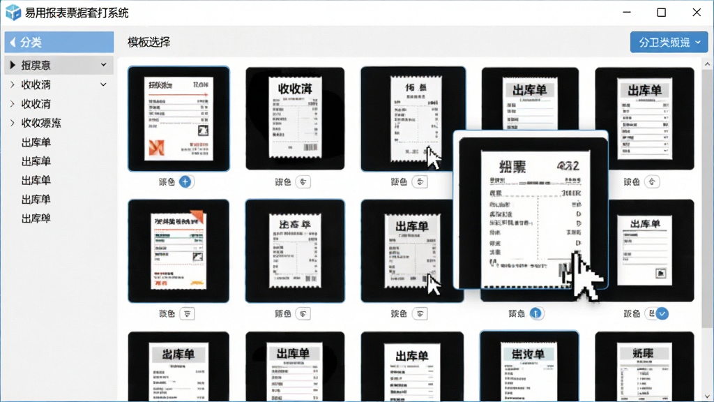展示“易用报表票据套打系统”的模板选择窗口,窗口中整齐排列多张不同票据样式的缩略图,如发票、收据、出库单,鼠标指针悬停在其中一个模板上,旁边弹出放大预览,主体是模板库界面,布局为网格状,排版清晰,风格扁平化,细节包含分类侧边栏,画质干净明亮