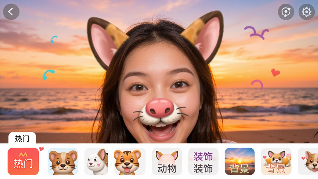 魅色趣味特效功能截图,屏幕中央是用户使用宠物耳朵和鼻子特效的自拍画面,画面生动有趣,背景已替换为沙滩日落场景,软件界面底部展示着各种分类的特效缩略图,包括“热门”、“动物”、“装饰”、“背景”等标签,色彩鲜艳,风格活泼,画质高清,干净无多余元素
