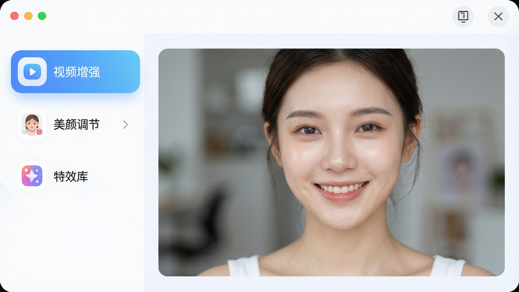 魅色软件主界面预览图,界面布局简洁清晰,左侧为功能导航栏,包含“视频增强”、“美颜调节”、“特效库”等模块,右侧为实时摄像头预览窗口,画面中一位年轻女性正在微笑,皮肤细腻,背景轻微虚化,整体风格现代科技感,UI设计采用蓝白渐变主色调,图标圆润,画质高清,干净无多余元素