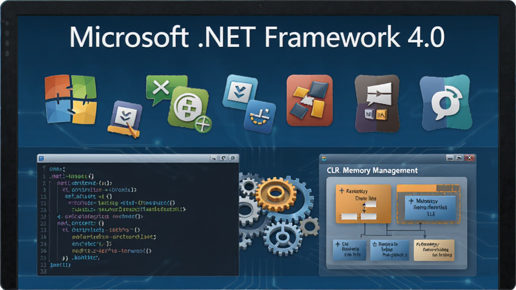 电脑屏幕中展示“Microsoft .NET Framework 4.0”运行原理示意图,画面分为上下两层,上层为多个彩色应用图标,下层为代码与齿轮图形,布局层次分明,排版专业,风格科技感,细节突出CLR与内存管理模块,画质清晰,干净无多余元素