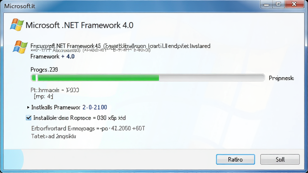 主体为“Microsoft .NET Framework 4.0”官方安装界面,简洁的Windows风格窗口,中央有安装进度条,背景为干净的浅蓝色渐变,布局规整,排版清晰,风格写实,细节呈现安装选项与按钮,画质高清,干净无多余元素