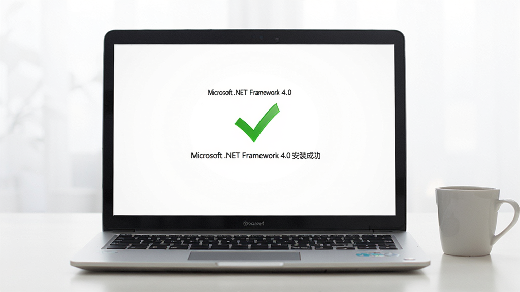 一台笔记本电脑屏幕显示“Microsoft .NET Framework 4.0 安装成功”的绿色对勾提示,桌面背景干净,旁边有咖啡杯,整体画面明亮,布局居中,风格写实,细节清晰,画质高清,干净无多余元素