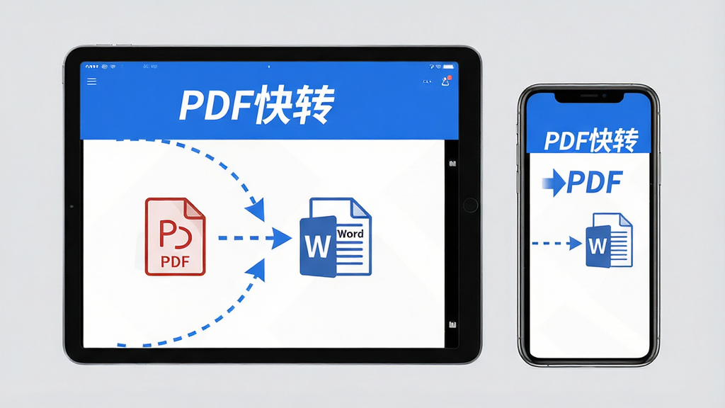 主体:一块平板电脑和一部手机,屏幕上显示“PDF快转”转换界面,展示从PDF转为Word的箭头过程。布局:平板与手机并排摆放,屏幕朝上,背景为纯色浅灰。排版:左右构图,文字“PDF快转”显示在屏幕上方。风格:科技感,简洁明亮,蓝白配色。细节:转换过程用虚线箭头连接,文件图标清晰,文字“PDF快转”加粗显示。画质:高清,干净,无多余元素。