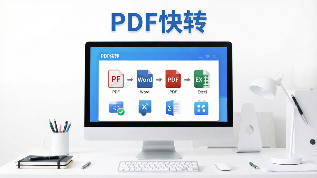 主体:电脑屏幕前显示“PDF快转”软件界面,界面中展示PDF转Word、PDF转Excel等图标,背景为现代简约办公桌。布局:屏幕为中心,四周留白,上方有软件名称“PDF快转”字样,下方排列功能图标。排版:居中对称,图标均匀分布。风格:扁平化设计,色彩明亮清新,蓝色为主色调。细节:界面图标清晰,光影柔和,文字“PDF快转”清晰可辨。画质:高清,干净,无多余元素。