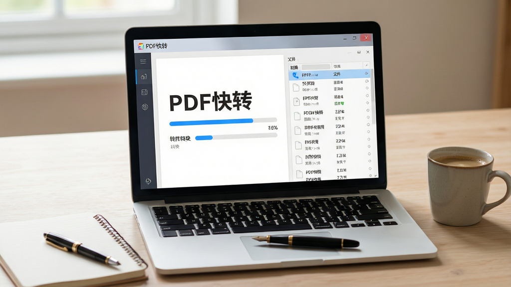主体:一个笔记本电脑屏幕显示“PDF快转”软件运行界面,旁边有一杯咖啡,场景为书桌。布局:笔记本位于画面中央,键盘处有一本笔记本和钢笔,背景为浅色木纹桌面。排版:电脑屏幕内容清晰可见,显示“PDF快转”主界面和转换进度条。风格:写实风格,自然光,温馨办公氛围。细节:屏幕中显示“PDF快转”字样,进度条为蓝色,文件列表清晰。画质:高清,干净,无多余元素。