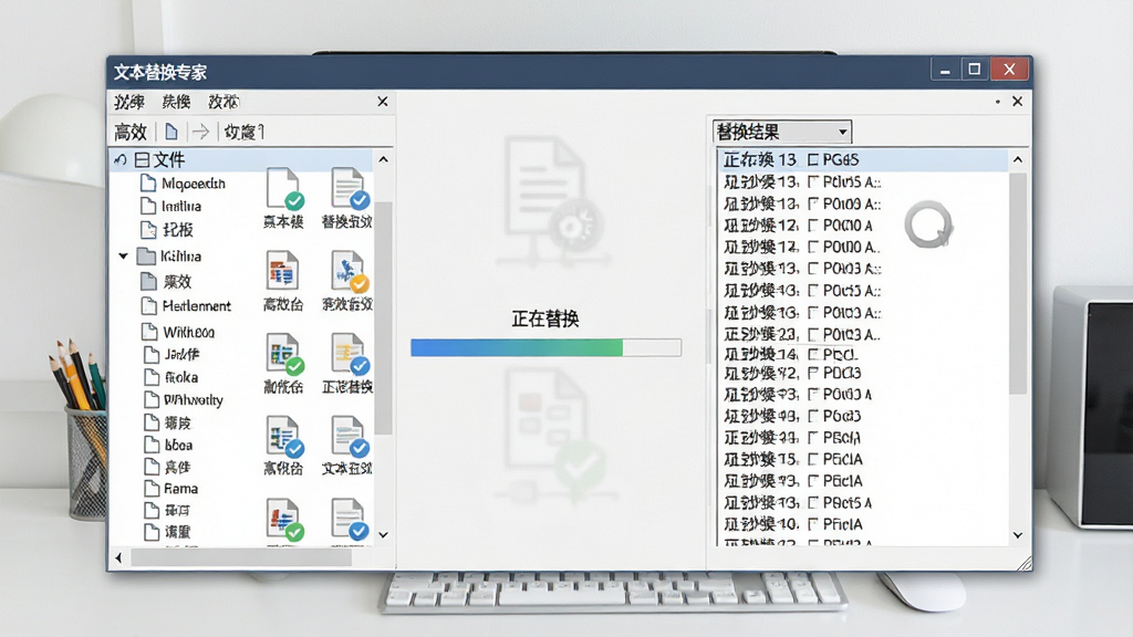一张展示批量处理过程的界面截图,主体为“文本替换专家”软件窗口,左侧为文件列表,右侧为替换结果日志,中间显示“正在替换”进度条,多个文件图标排列整齐,背景为干净的办公桌面,整体风格写实,界面文字清晰可见,突出高效、批量、自动化操作,画质清晰,无多余元素