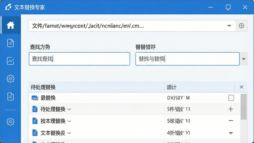 一幅现代简约风格的软件界面截图,主体为“文本替换专家”主窗口,上方是文件路径选择栏,中间为查找与替换输入框,下方列出待处理文件列表,左侧有功能导航图标,整体配色以蓝白为主,界面干净整洁,突出批量替换功能,文字清晰显示“文本替换专家”字样,风格写实,画质高清,无多余元素