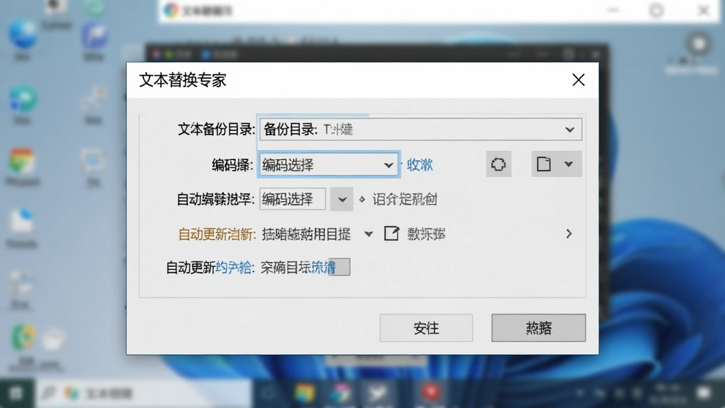 一张展示软件安全设置界面的截图,主体为“文本替换专家”的选项对话框,包含备份目录、编码选择、自动更新等设置项,界面清晰,背景模糊的电脑屏幕,整体风格简洁写实,突出安全与自定义配置,画质高清,无多余元素