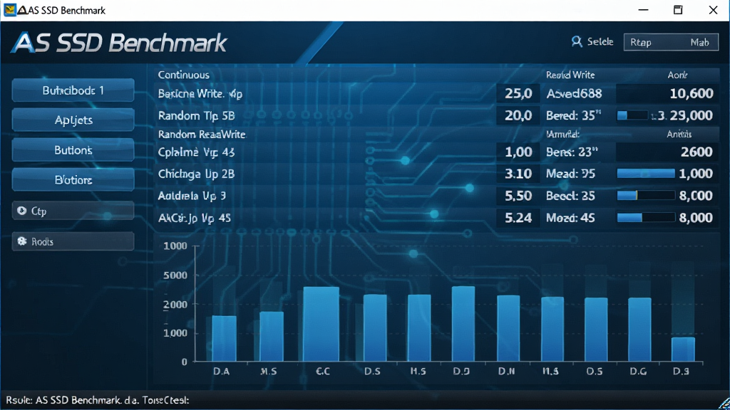 主体:AS SSD Benchmark软件主界面截图风格展示,界面显示测试结果数据表格与柱状图。布局:左侧为测试按钮与选项,右侧为详细的读写速度数值与评分。排版:清晰罗列持续读写、随机读写、访问时间等测试项目。风格:科技感蓝色调,界面简洁明亮。细节:突出“AS SSD Benchmark”软件名称标识。画质:高清,干净,无多余元素。