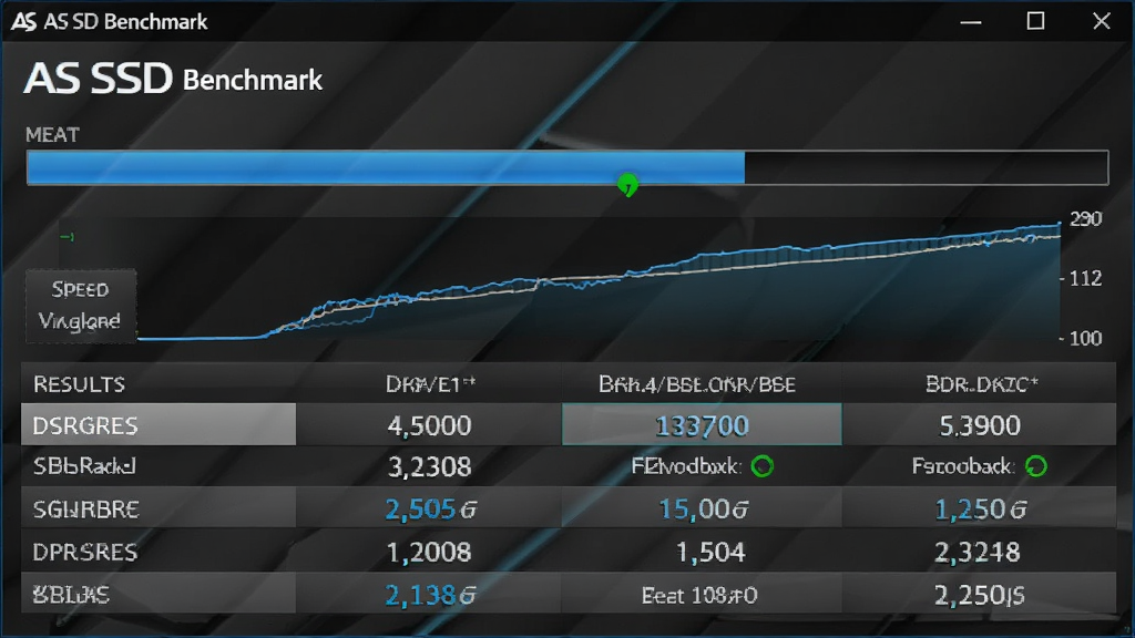 主体:AS SSD Benchmark软件运行测试时的动态界面,进度条与实时速度曲线。布局:主窗口中央显示测试进度,下方为实时数据更新区域。排版:结果区域采用表格排列,速度数值以大字突出显示。风格:深色背景配蓝色高光,科技感强。细节:界面中清晰标注“AS SSD Benchmark”字样。画质:高分辨率,清晰,无多余杂物。